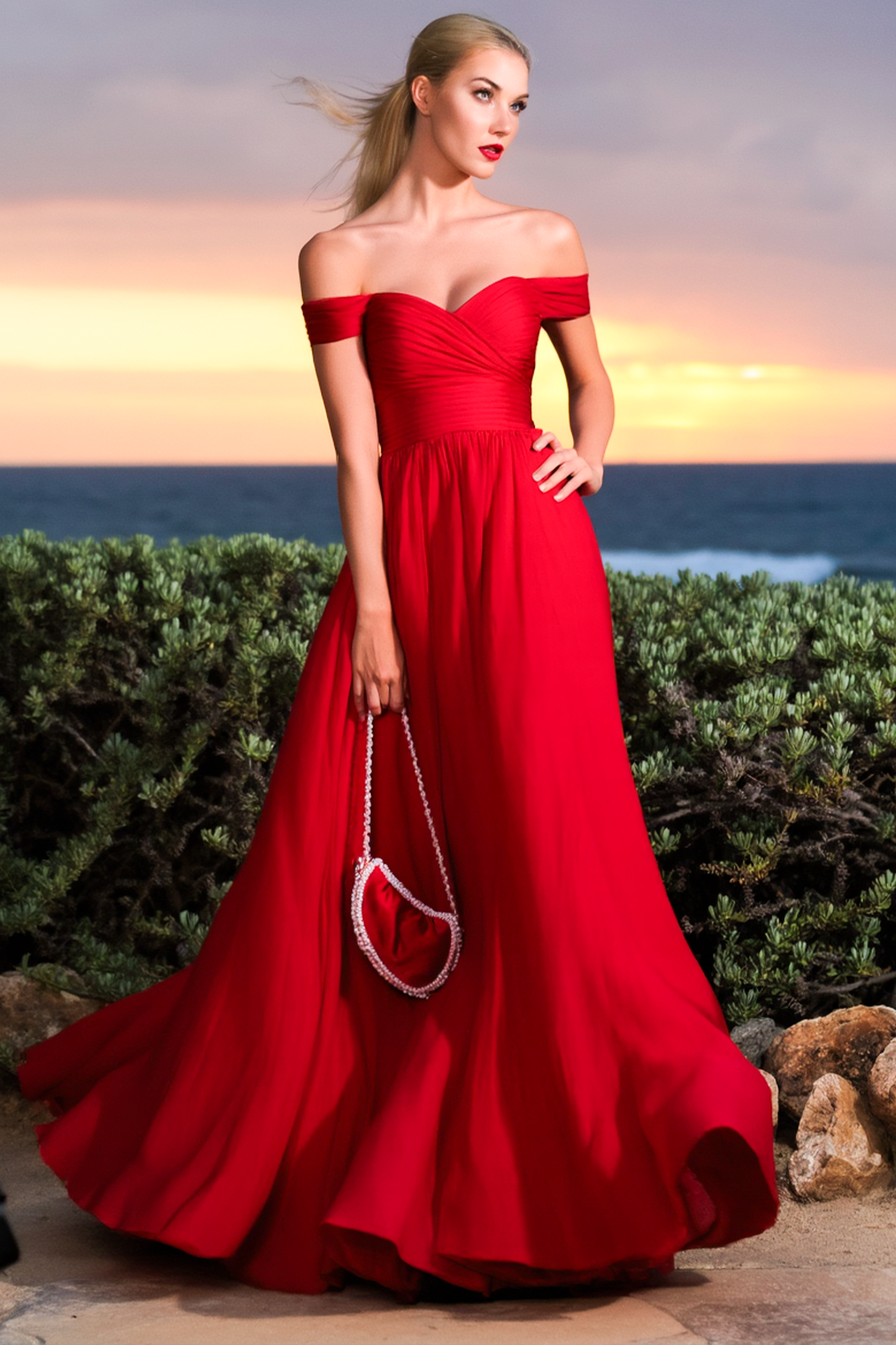Evening Formal Dress Red Off Shoulder Floor-Length Dress