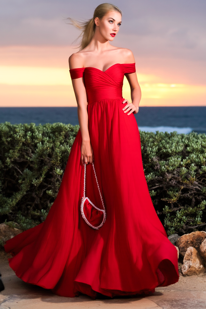 Evening Formal Dress Red Off Shoulder Floor-Length Dress