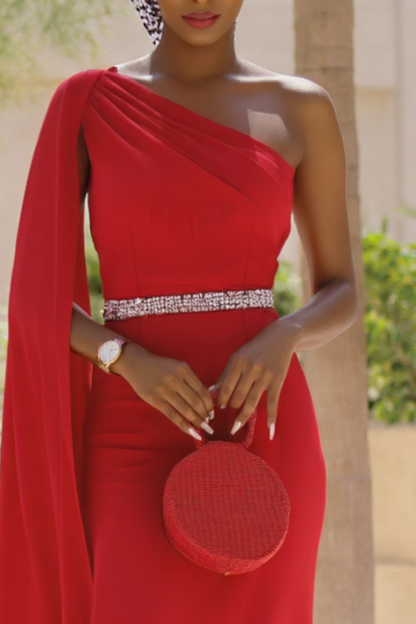 Formal Dress Red One Shoulder Belted Floor-Length Dress