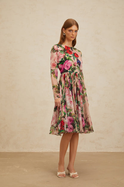 Coralie Pink Rose Print Summer Silk Midi Dress