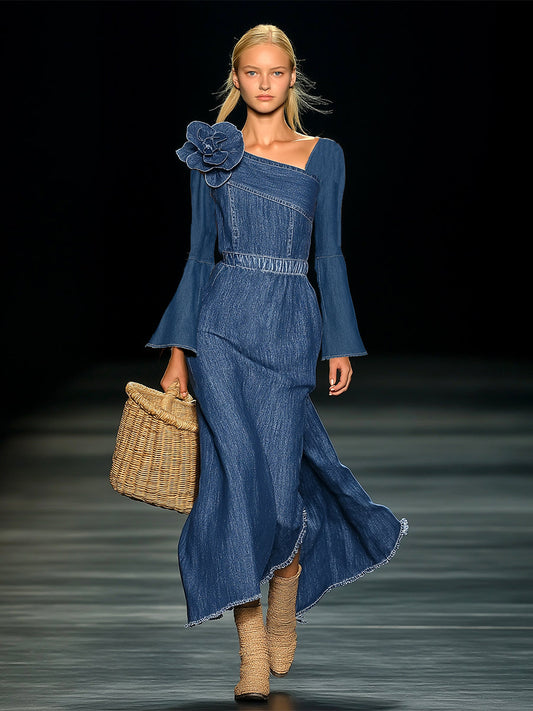 Elegant Slanted Neckline 3D Floral Blue Denim Long-sleeved Maxi Dress