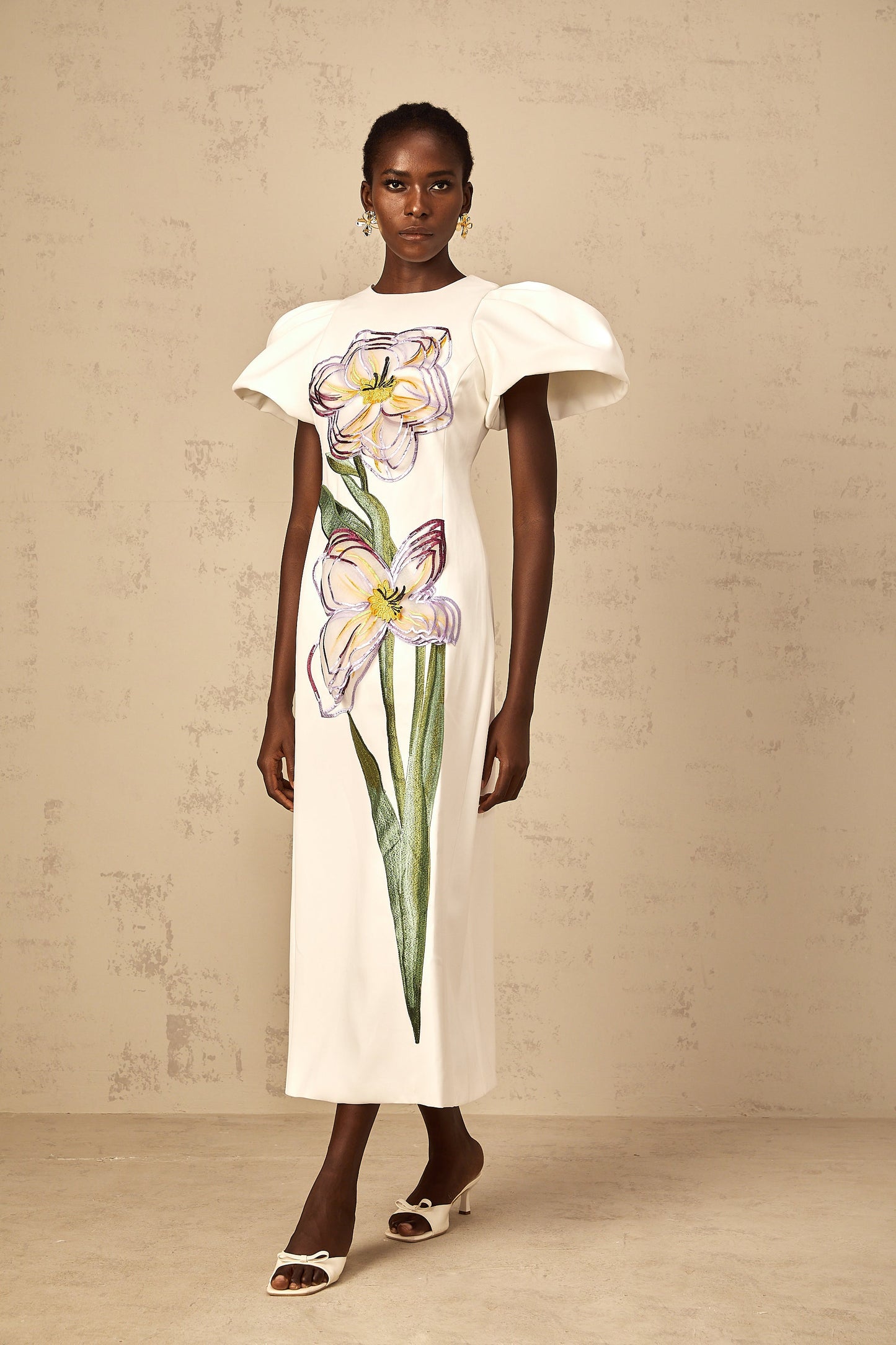 Irène White Sequin Floral Embroidered Midi Dress
