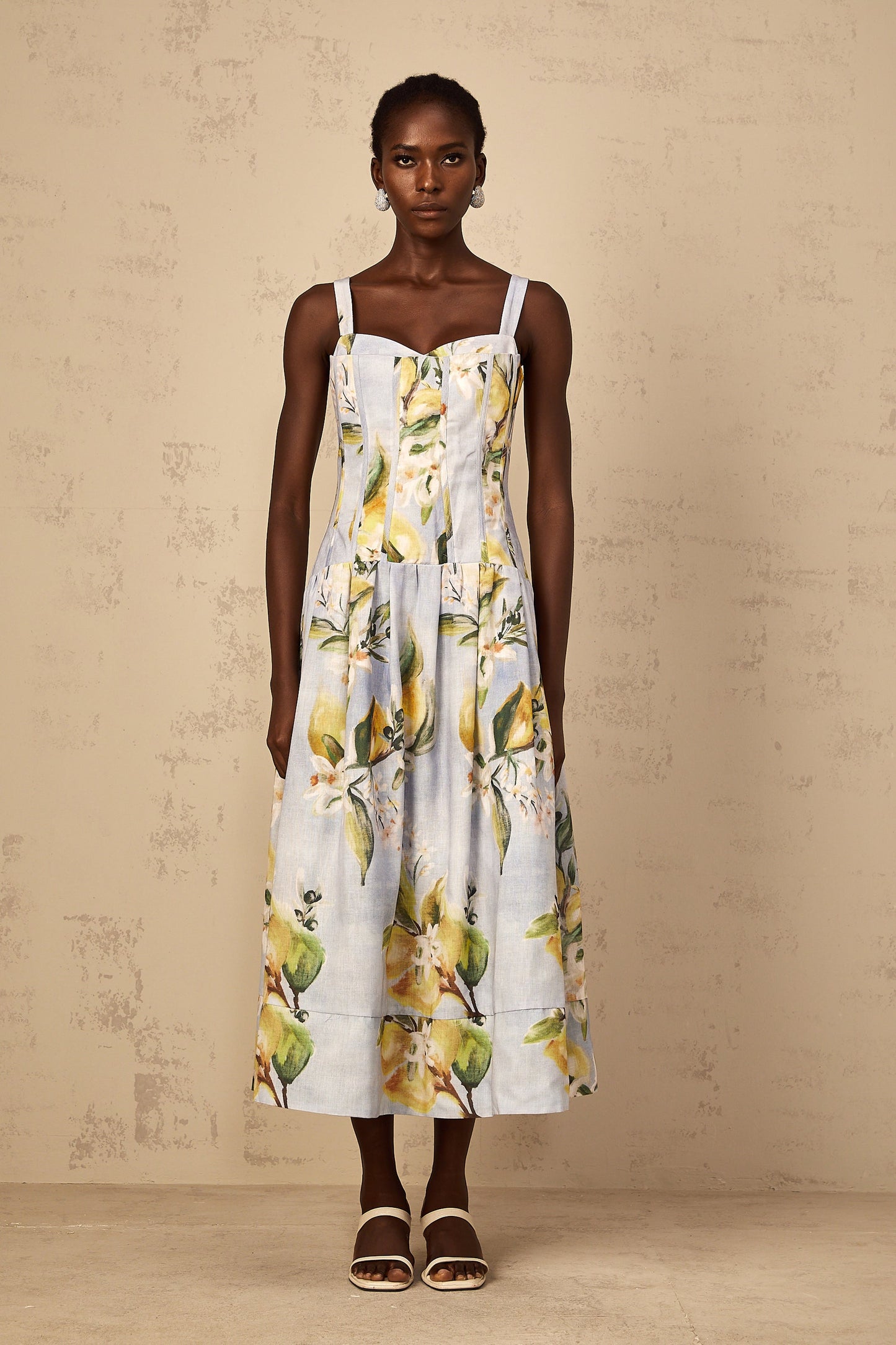 Esmée Blue Cottagecore Shirred Floral Midi Dress