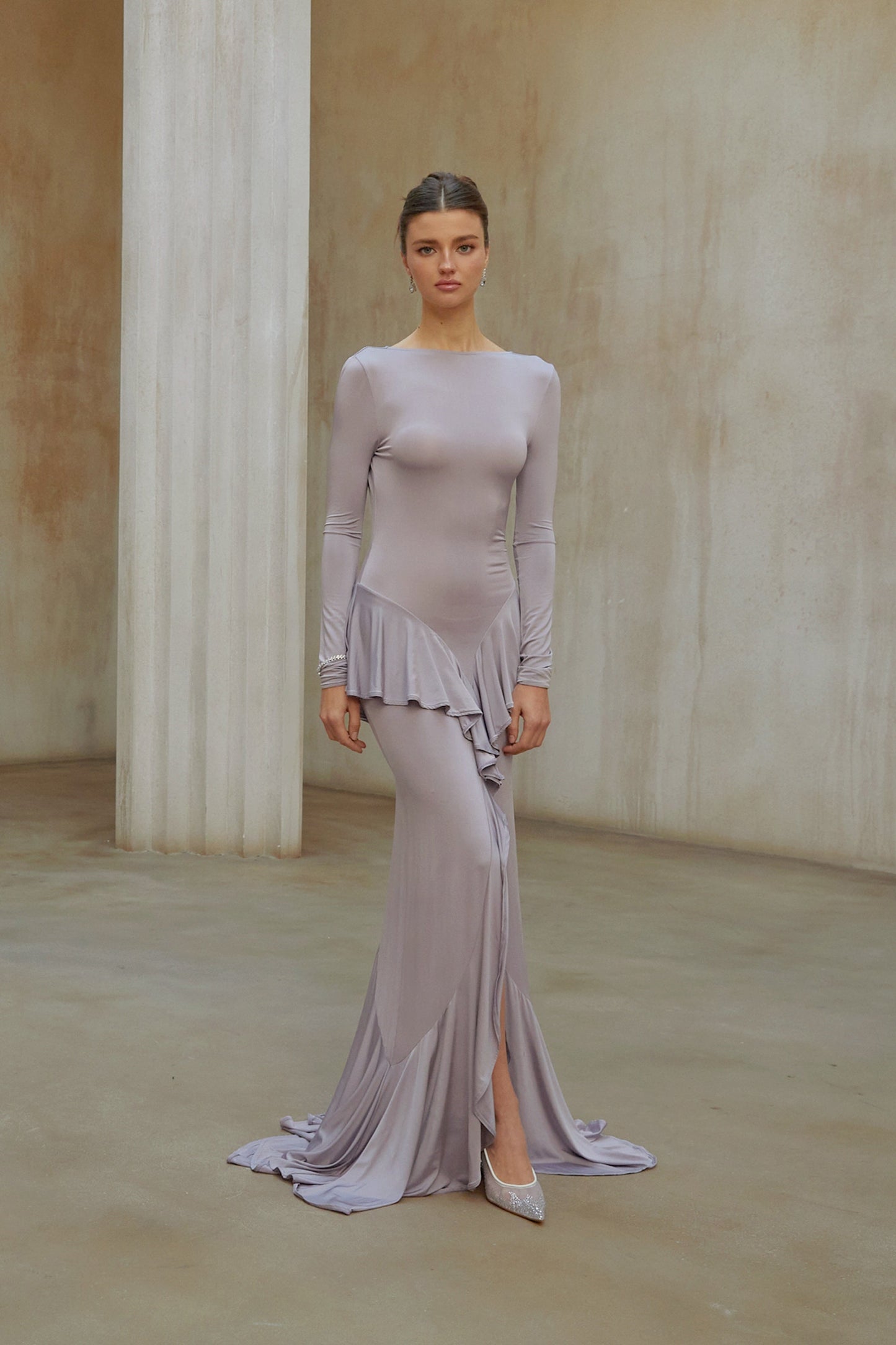 Xenia Purple Ruffle Detail Maxi Dress with Front Slit