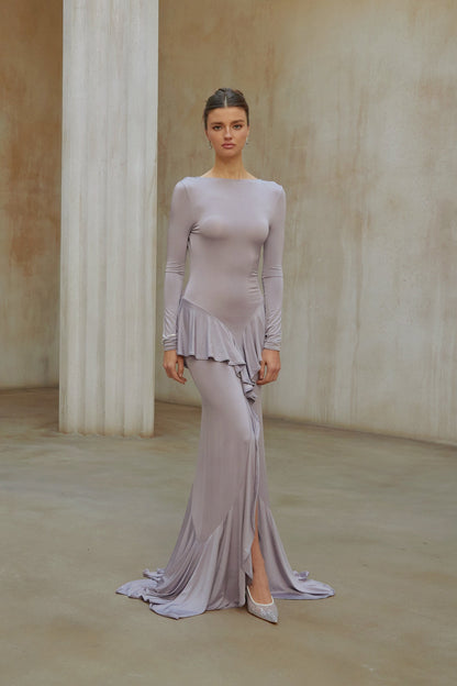 Xenia Purple Ruffle Detail Maxi Dress with Front Slit