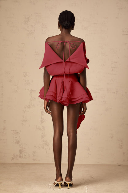 Amélie Red Floral Appliqué Flounced Mini Dress