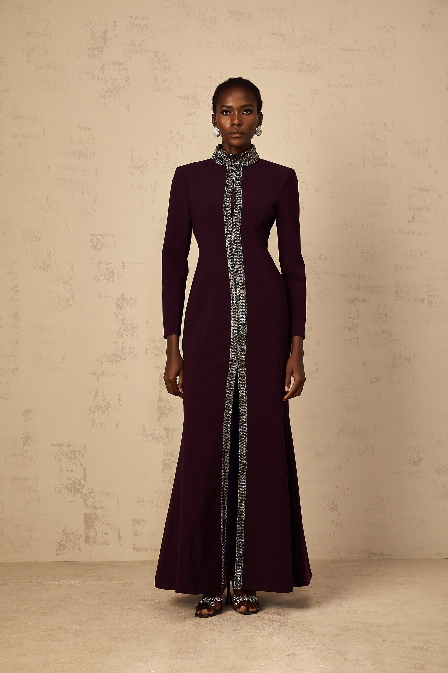 Maëlie Burgundy Embellished Flared Maxi Dress