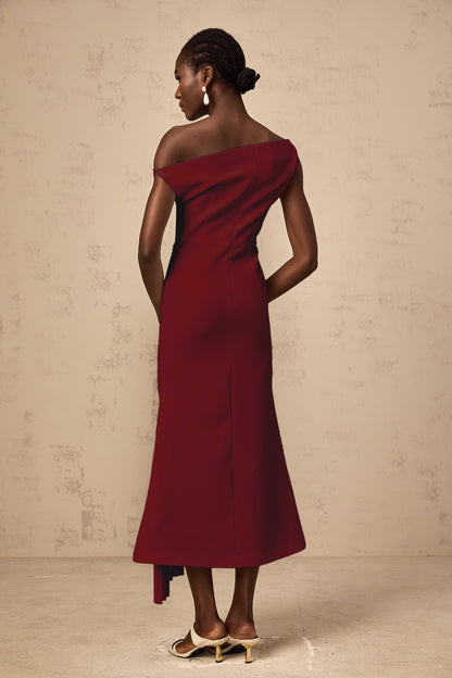Laurine asymmetrical draped midi dress in Burgundy
