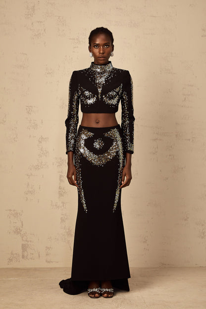Mahault Black Sequin Embellished Top & Skirt Set