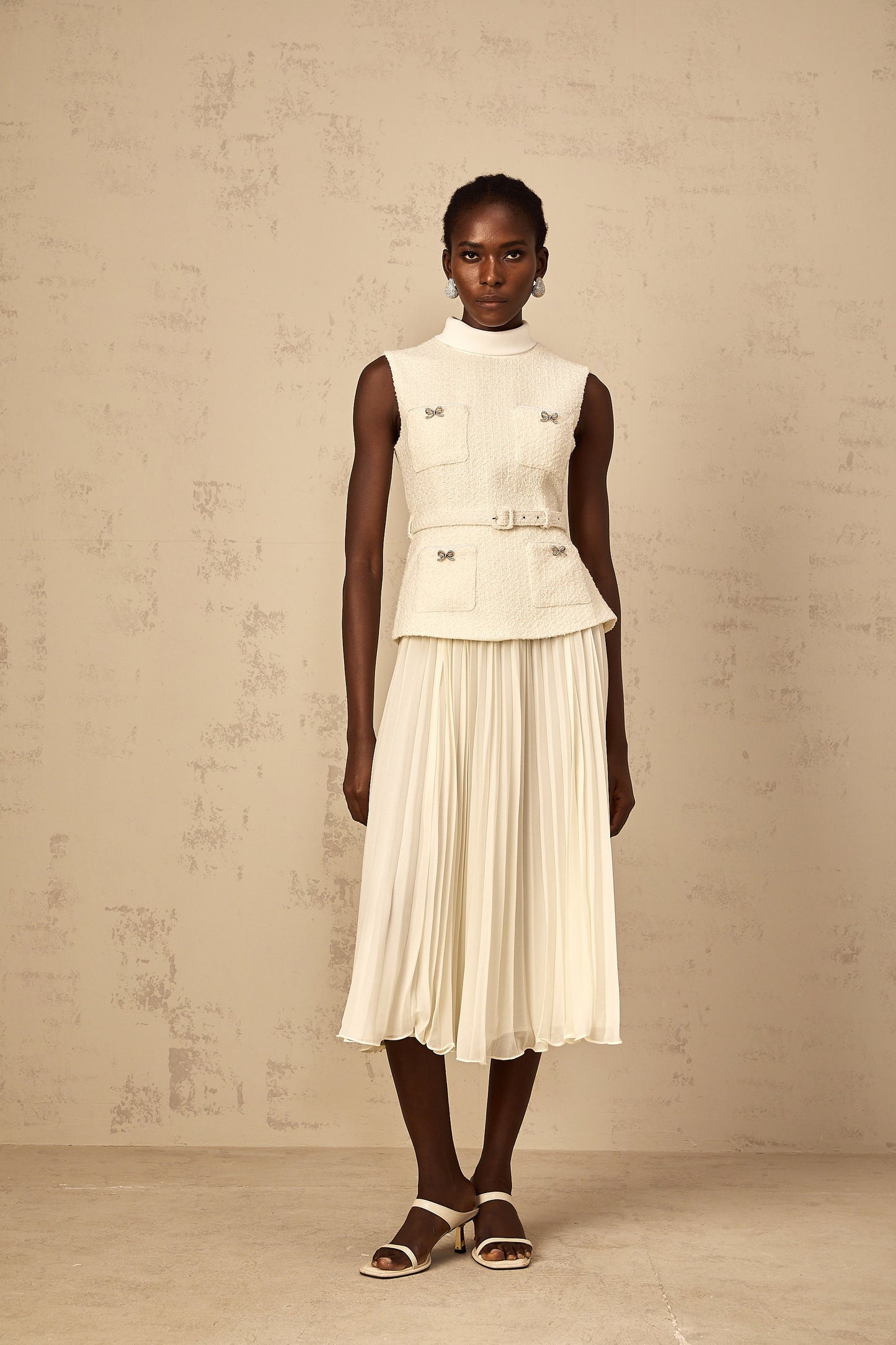 Dulcie Off-White Tulle Panel Tweed Midi Dress
