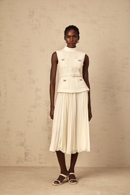 Dulcie Off-White Tulle Panel Tweed Midi Dress