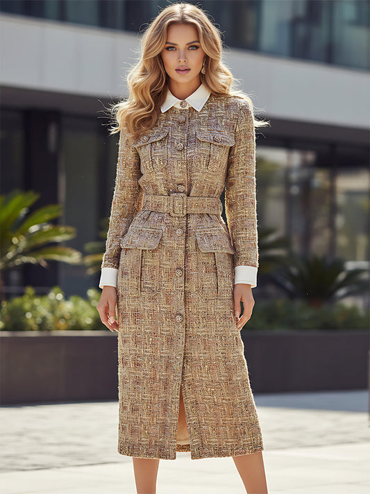Elegant Vintage Gold Tweed Midi Dress