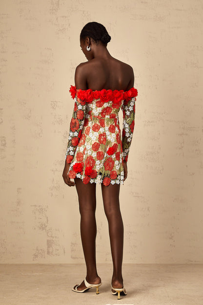 Anaya Red Rose Appliqué Embroidered Mini Dress