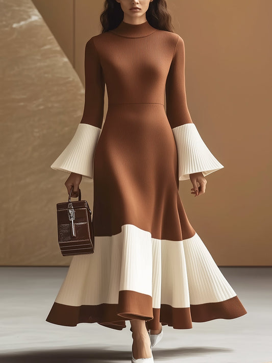 Elegant Turtleneck Contrast Color Knitted Dress With Flared Sleeves