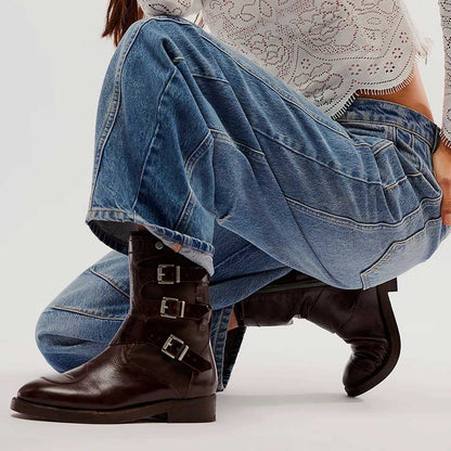 Distressed Round-Toe Buckle Biker Inspired Mid-Calf Boots in Brown