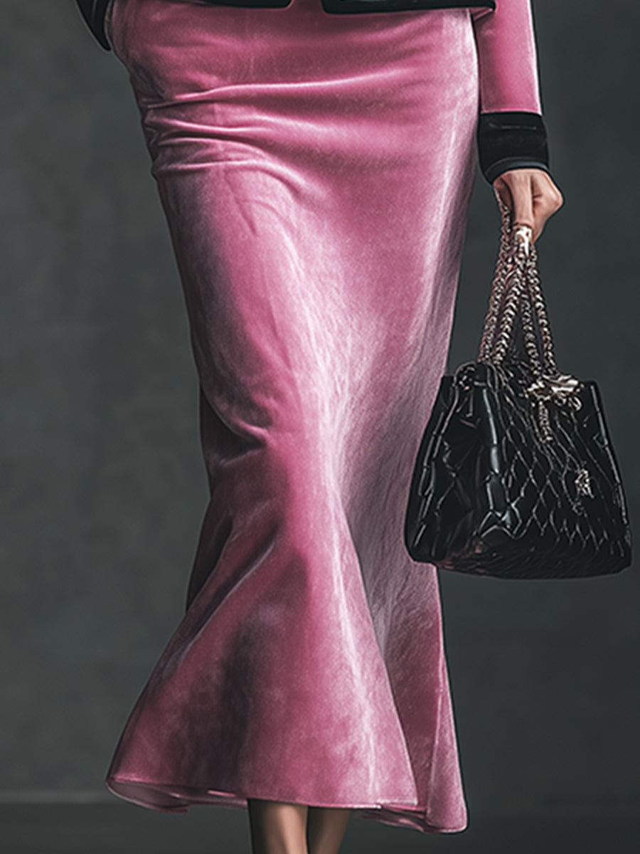 Elegant And Gentle Pink Hemmed Stand-up Collar Jacket And Fishtail Skirt Set
