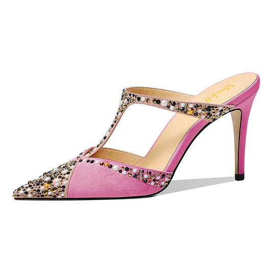 Fuchsia Studded Rhinestone Stiletto High Heel Slip-On Mules Shoes