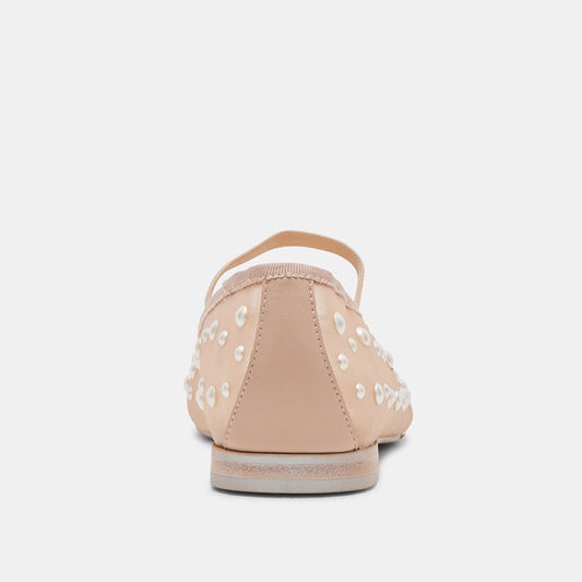 Beige Mesh Round Toe Flat Pearl Sophisticated Embellished Ballet Shoes