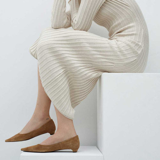Beige Faux Suede Snip Toe Block Heel Slip-On Formal Pumps