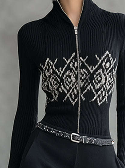 Fashionable Sports Black Half-zip Knit Top And Cotton Wide-leg Pants Set