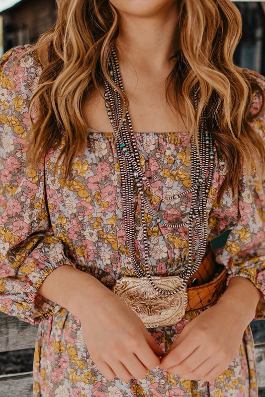 Pretty Floral Print Square Neck Ruffle Dress