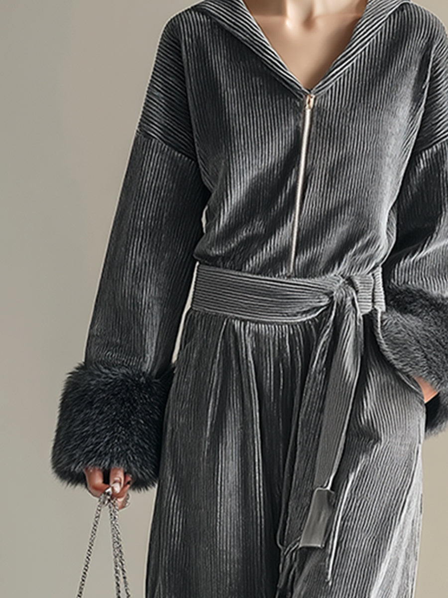 Elegant Loose Fur Trim Silver-gray Textured Velvet Hooded Front Zipper Belt Long-sleeved Jumpsuit
