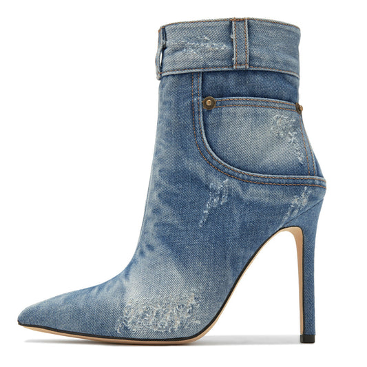 Distressed Denim Pointed Toe Stiletto Heel Ankle Boots in Blue