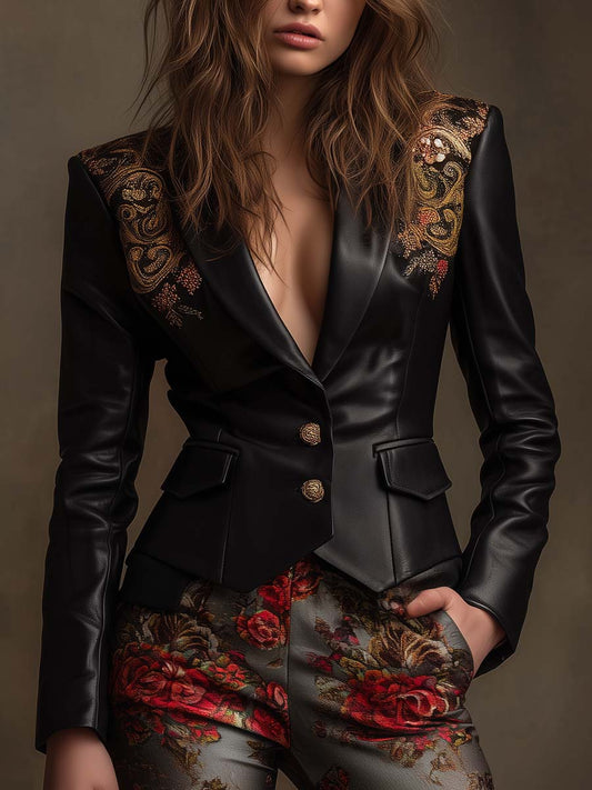 Embroidered Shoulder Black PU Leather Blazer