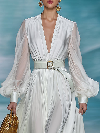 Elegant And Charming White V-neck Lantern Sleeve Maxi Dress