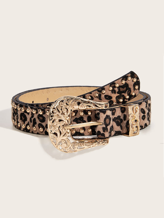 Fashion PU Leather Leopard Pattern Studded Belt