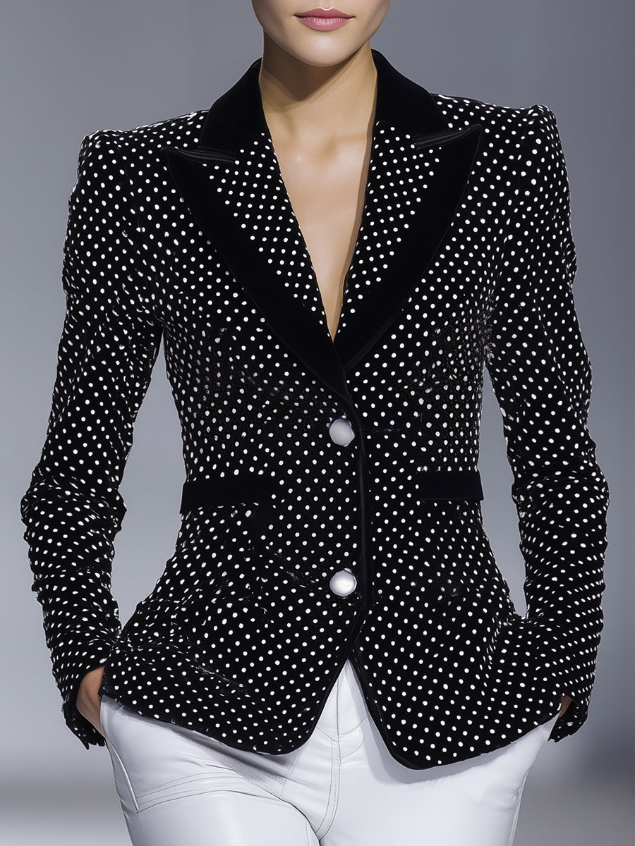 White Polka Dot Black Velvet Button Blazer