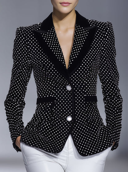 White Polka Dot Black Velvet Button Blazer