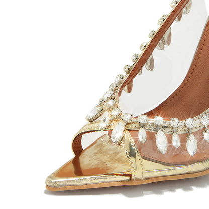 Gold & Clear PVC Pointed Toe 4'' Decorative Heel Slingback Sandals