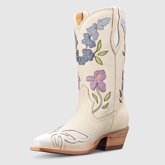Beige Snip Toe Butterfly & Floral Inlay Mid Calf Cowgirl Boots