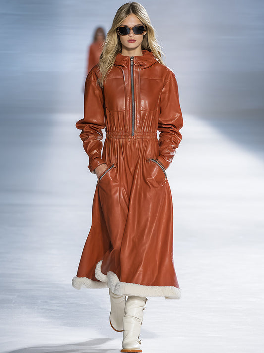 Fashionable Warm Orange Brown Faux Leather Plush Trim Maxi Dress
