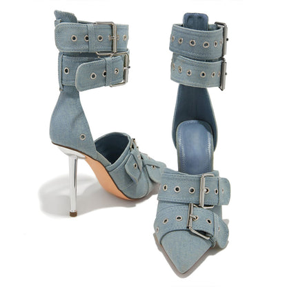 Denim Blue Pointy Toe 4'' Metallic Heel Buckle Studded Strappy Pumps