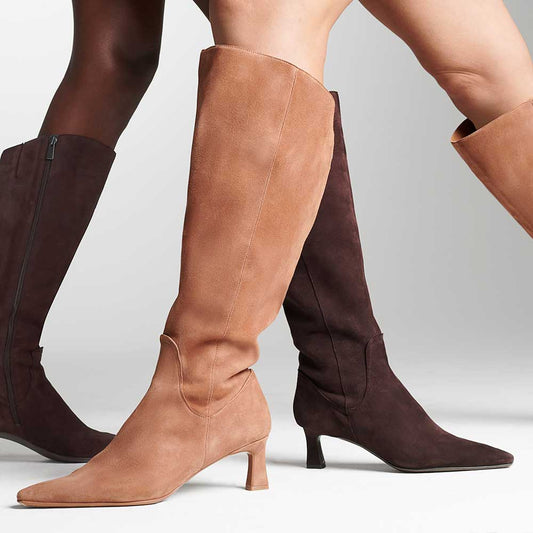 Beige Faux Suede Closed Toe Knee Kitten Heel Fall Boots for Women