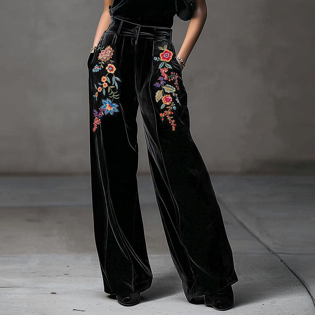 Ursime Velvet Floral Embroidery High Waist Pocket Wide Leg Pants