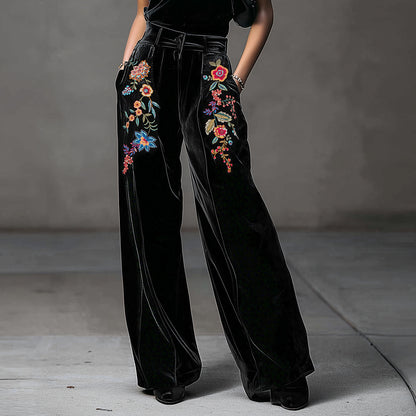 Ursime Velvet Floral Embroidery High Waist Pocket Wide Leg Pants