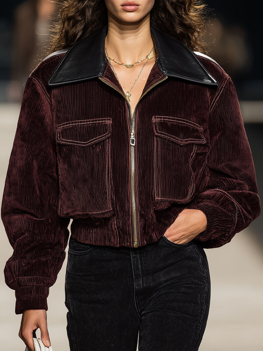Faux Leather Square Neck Corduroy Pocket Zip-up Jacket