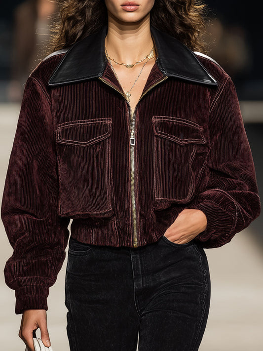 Faux Leather Square Neck Corduroy Pocket Zip-up Jacket