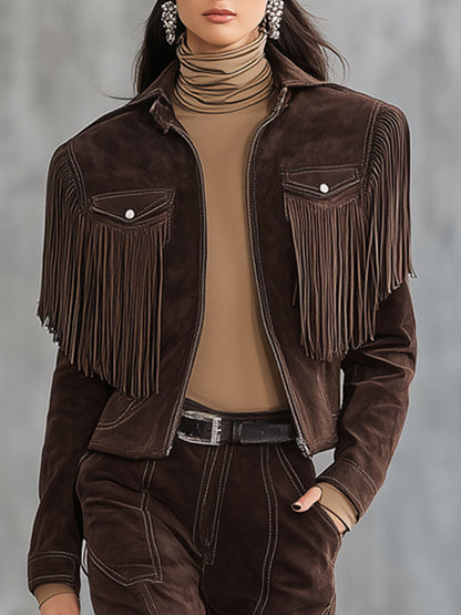 Western Vintage Cocoa Brown Faux Suede Tassel Jacket Straight Pants Set