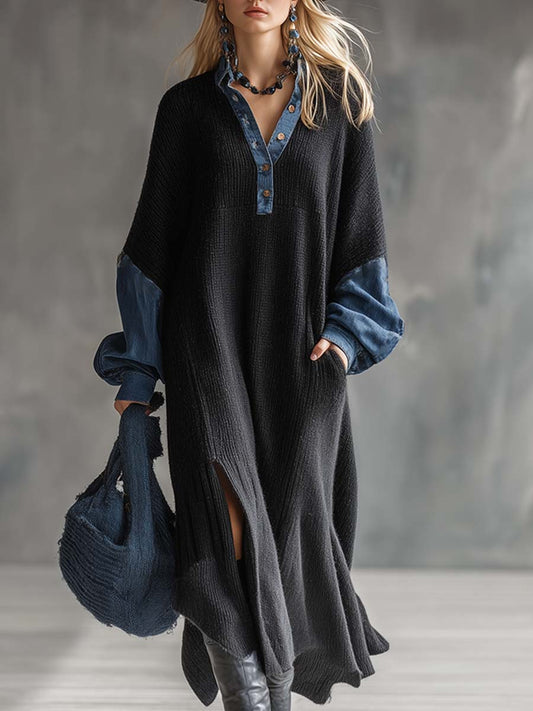 Fashionable Casual Black Knitted Denim Trim Maxi Dress