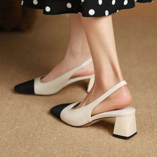 Beige & Black Square Toe Block Heel Slingback Pumps