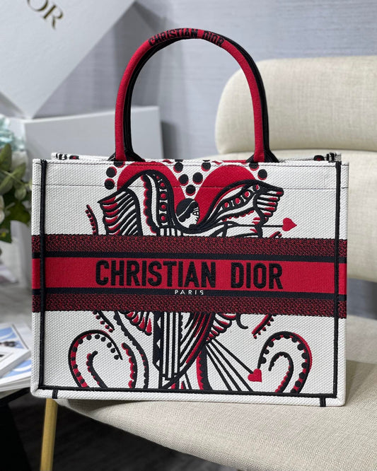 DI Medium Book Tote Latte Multicolor Cupidon Embroidery, Red/White, For Women Women’s Handbags, 41cm CD M1296ZTQG_M941
