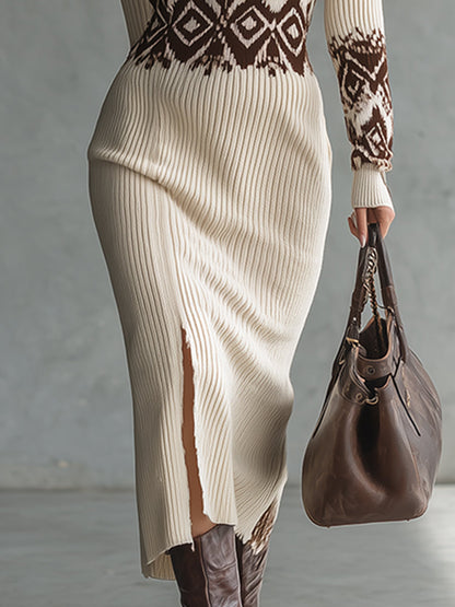 Elegant Retro Pattern Off-white Knitted Half-zip Long-sleeved Maxi Dress
