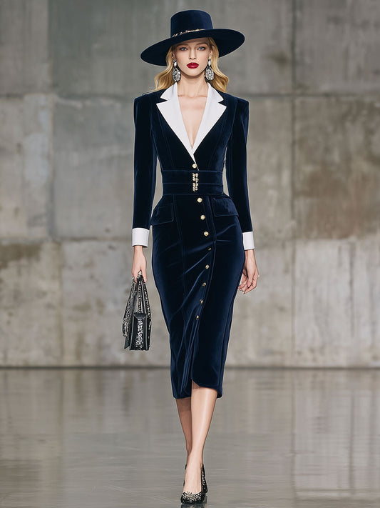 Elegant Retro Exquisite Contrast Lapel Belt Blue Velvet Midi Dress