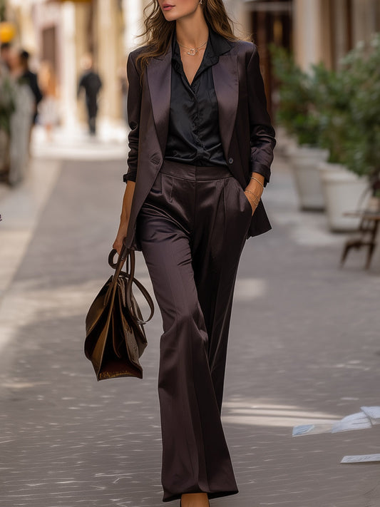 Dark Satin Tailored Pantsuit With Blazer