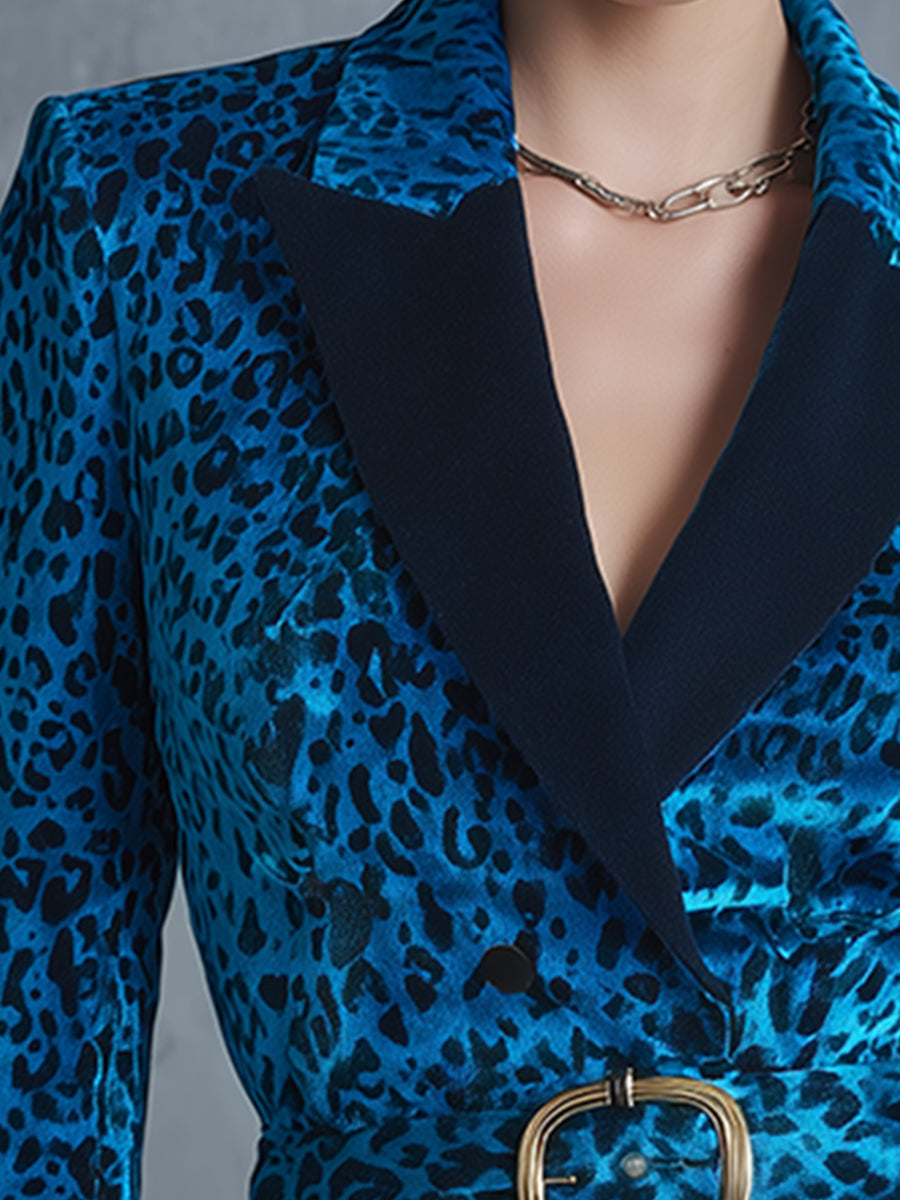 Elegant Vintage Blue Leopard Print Belt Velvet Blazer