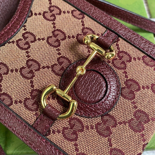 gg Horsebit 1955 Mini Bag Beige And Burgundy gg Supreme Canvas For Women  6.7in/17cm gg 625615F6B3G9865